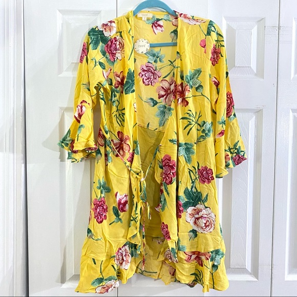 Oppi Tops - Oppi Yellow Floral Tied Kimono